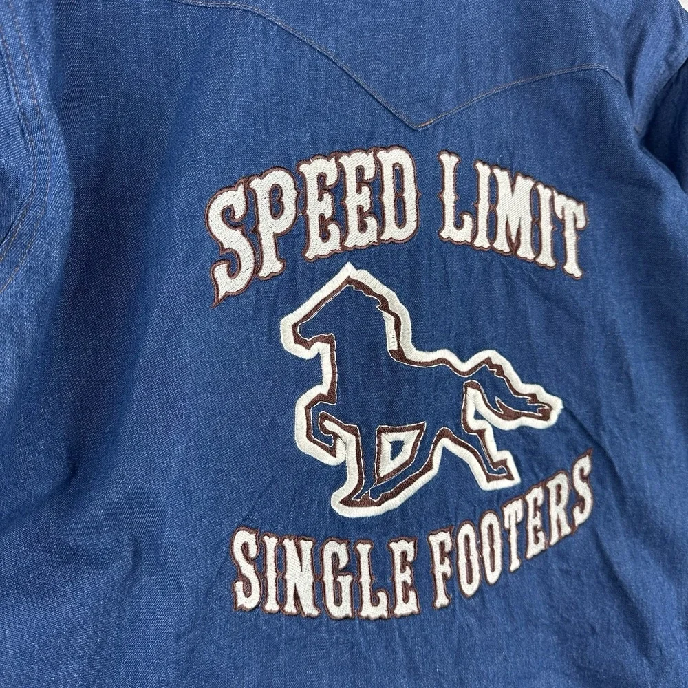 Vtg Wrangler Western Denim Pearl Snap Men's Large Embroidered Speed‎ Limit